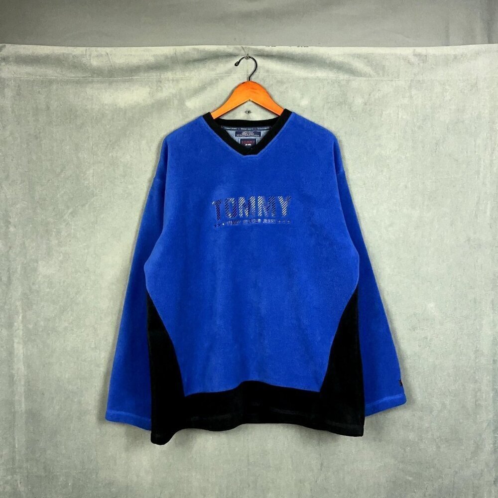 Y2K Tommy Jeans Hilfiger Fleece Sweathirt Mens Large‎ Blue Black V-Neck